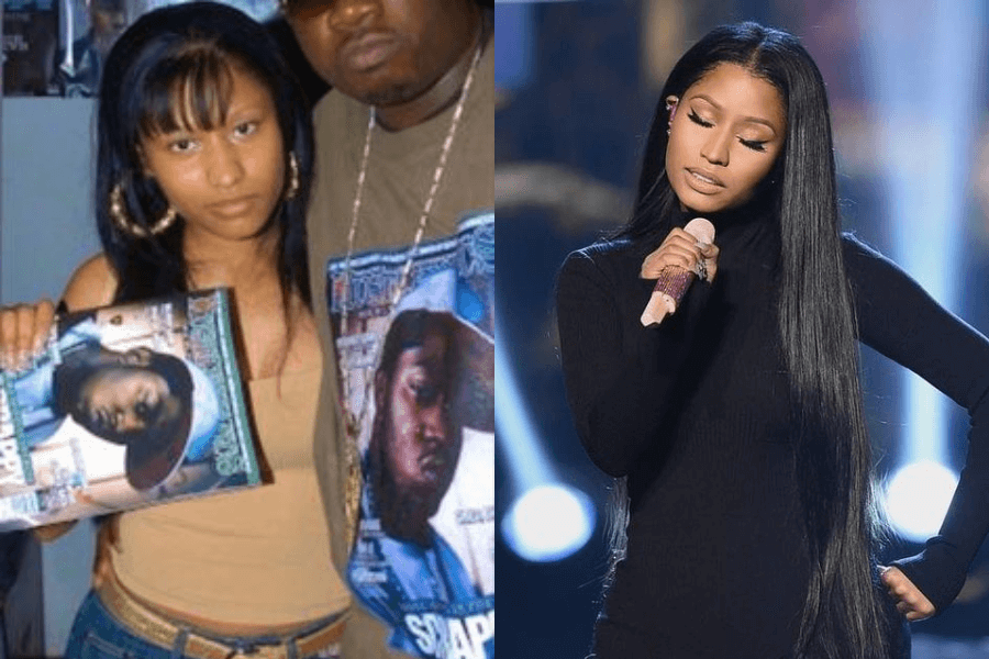 This image shows a side-by-side comparison: on the left, a younger woman with straight hair and hoop earrings holds a magazine featuring a rapper on the cover, standing beside a man in casual attire. On the right, the same woman, now an adult, performs on stage wearing a sleek black outfit, holding a microphone with her eyes closed in a reflective pose under soft stage lighting.