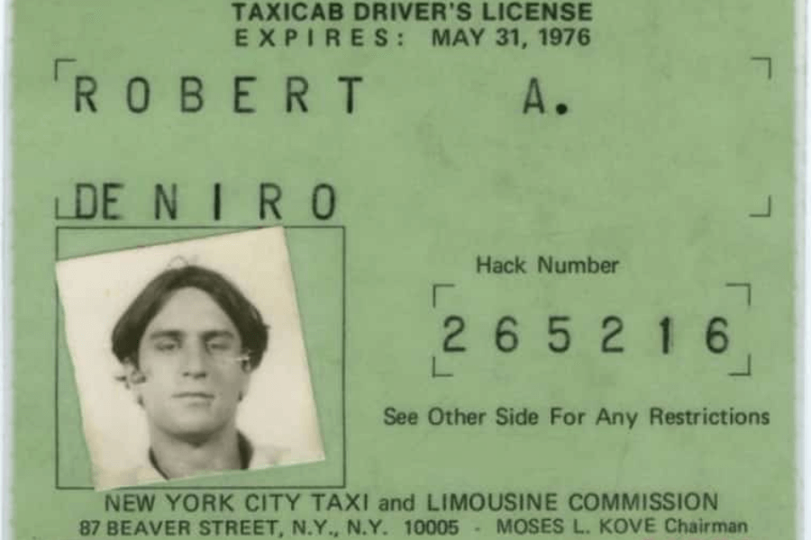 This image shows a green taxicab driver's license from the New York City Taxi and Limousine Commission. The license includes the name "Robert A. DeNiro," a black-and-white ID photo of a young man, the hack number "265216," and an expiration date of May 31, 1976.