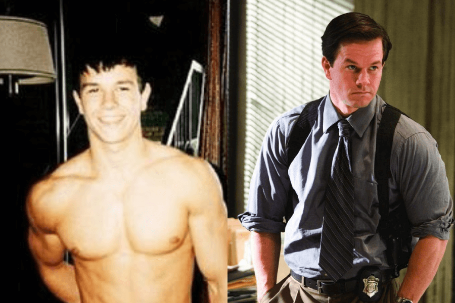 This image displays a side-by-side comparison: on the left, a young man with a fit, muscular build smiles shirtless in what appears to be a casual indoor setting. On the right, the same person, now older, is dressed as a police officer in a button-up shirt, tie, and shoulder holster, exuding a serious demeanor in a professional setting with striped lighting.