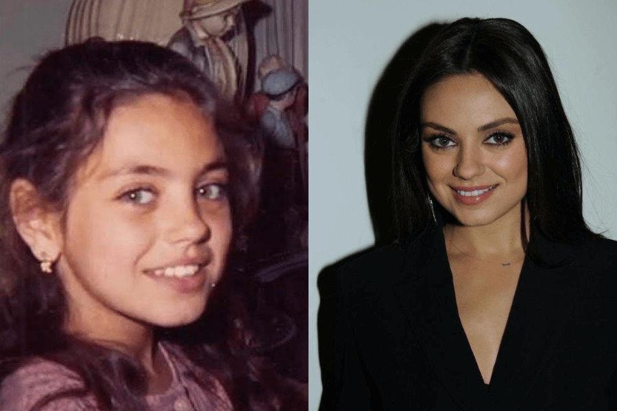 This image presents a side-by-side comparison: on the left, a young girl with long, dark hair and bright eyes smiles slightly, wearing small earrings in what appears to be a cozy indoor setting. On the right, the same person as an adult smiles confidently, wearing a sleek black outfit with her hair styled neatly, against a plain background.