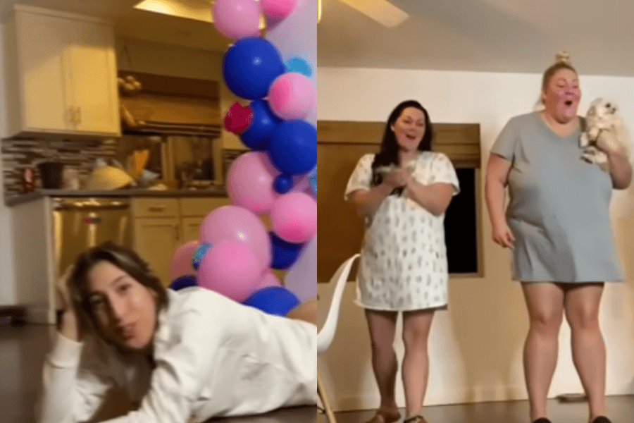 This image is split into two scenes. On the left, a woman is lying on the floor in a cozy indoor setting with colorful pink and blue balloons in the background, suggesting a celebration. On the right, two women, one holding a small white dog, appear to be reacting joyfully or excitedly while standing in what seems to be the same room.