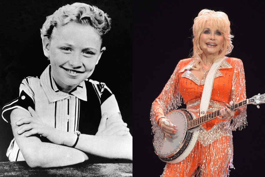 This image showcases a side-by-side comparison: on the left, a black-and-white photo of a young girl with short, curly hair and a playful smile, wearing a striped collared shirt. On the right, the same individual as an adult, dressed in a sparkling orange outfit, performing with a banjo on stage under bright lights.