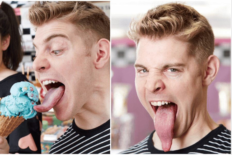 The image features a split panel showing a man with an extraordinarily long tongue. On the left, he leans forward to lick a blue ice cream cone with sprinkles, emphasizing the impressive length of his tongue. On the right, he sticks out his tongue fully, showcasing its length and flexibility in a playful and exaggerated expression. The setting appears to be a bright, cheerful environment, possibly an ice cream shop or similar venue.