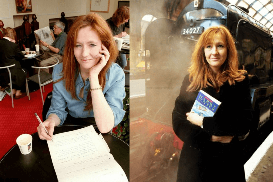 This image presents a side-by-side comparison: on the left, a woman with red hair sits in a café, writing on paper with a thoughtful expression, surrounded by other patrons. On the right, the same individual is outdoors, holding a copy of a book with a steam locomotive in the background, exuding confidence and pride.