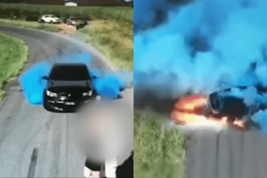 This image depicts a sequence involving a black car on a rural road. On the left, blue smoke is billowing from the vehicle, suggesting a dramatic display or event. On the right, the car is engulfed in flames with blue smoke still present, indicating a fire incident during or after the initial event.