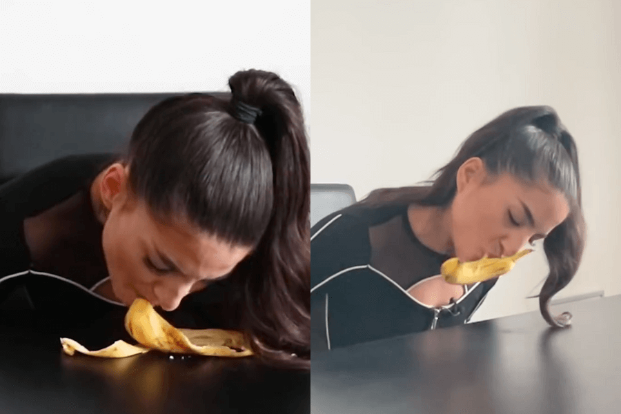 The image shows a split view of a woman engaging in a challenge involving a banana. On the left, she is seen bending over a table, eating the banana without using her hands. On the right, she is captured mid-action with the banana in her mouth, showcasing determination and focus. The minimalist setting and her sleek appearance suggest a lighthearted yet competitive effort, potentially part of a timed challenge or record attempt.