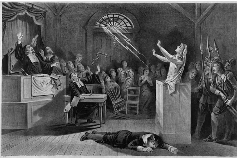 black and white painting of the salem witch trials