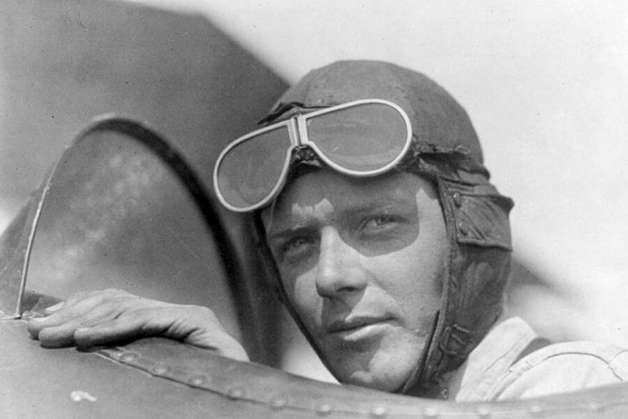 Charles Lindbergh, wearing helmet with goggles up