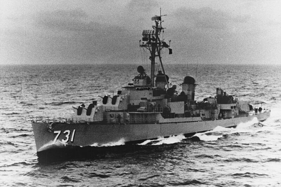 The U.S. Navy destroyer USS Maddox (DD-731) underway at sea, circa the early 1960s.