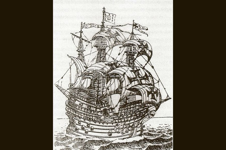 16th century black and white drawing of a ship 