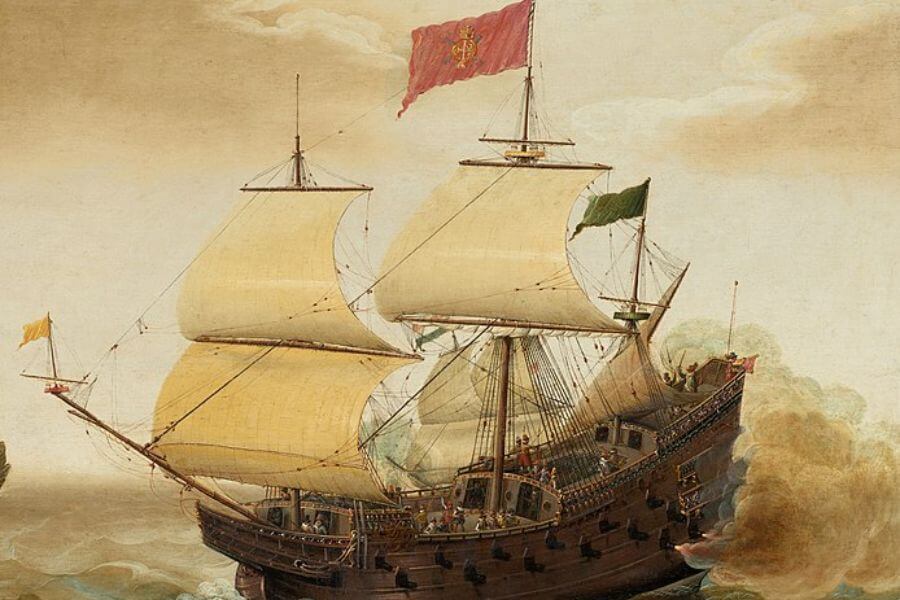 XVI century drawing of Spanish Galleon Firing its Cannon