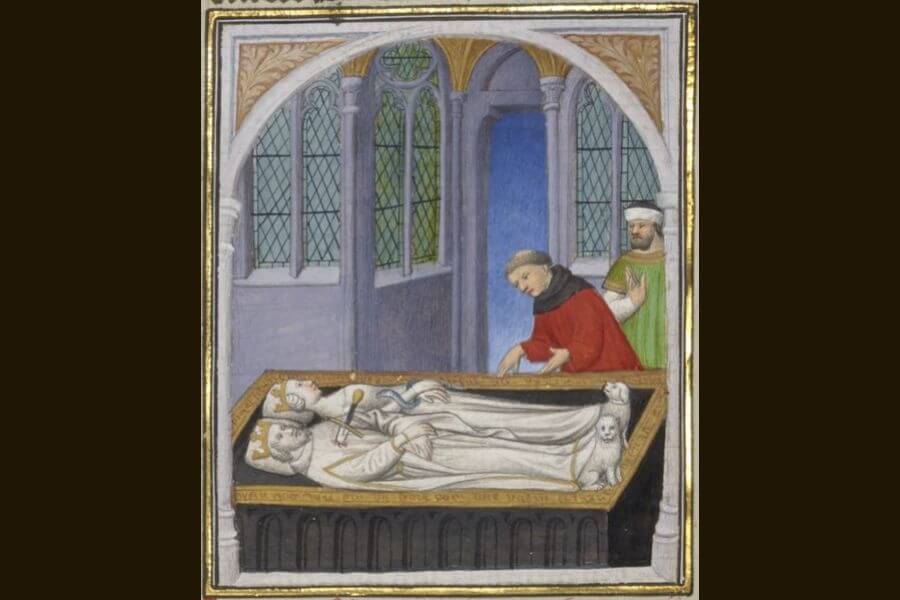 Tomb of Cleopatra and Mark Antony, illuminated manuscript of Boccaccio, miniature by the Boucicaut master, 1409 AD