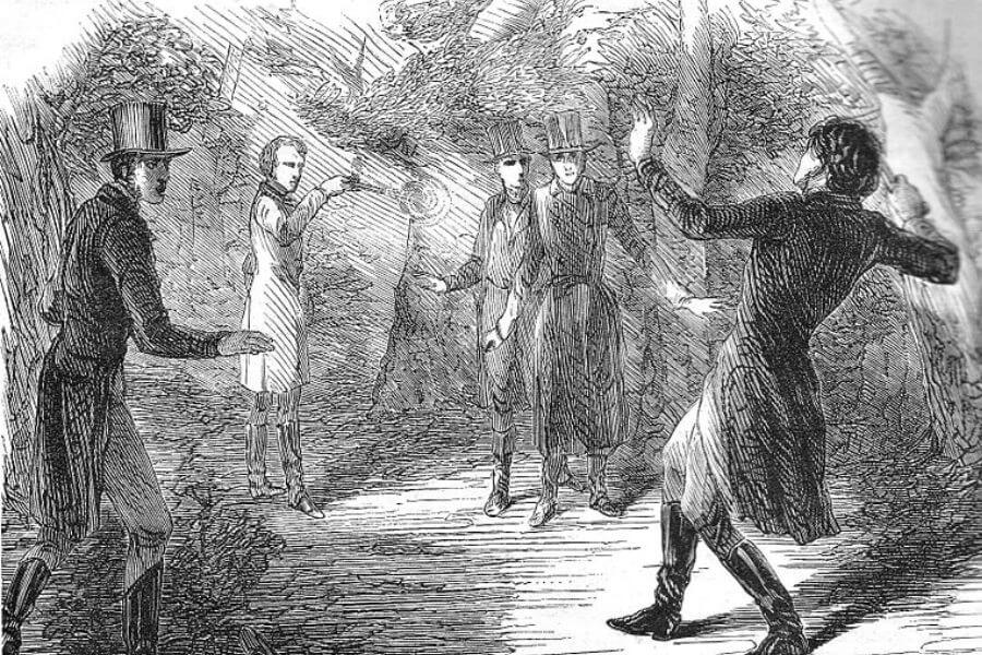 black and white drawing of a pistol duel