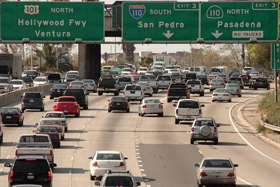 Cars driving down LA freeway 2009