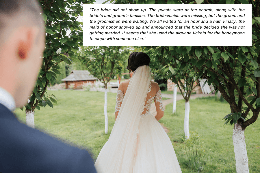 A bride in a lace wedding dress and veil walks through a tree-lined path, with her back to the camera, while a man, possibly the groom, stands blurred in the foreground. The image includes a caption describing a dramatic wedding story where the bride eloped with someone else using the honeymoon tickets.