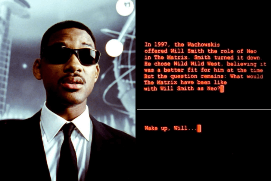 A composite image featuring Will Smith in a black suit, white shirt, black tie, and dark sunglasses, reminiscent of his Men in Black character. The background has a futuristic, digital aesthetic. On the right side, two blocks of red, typewriter-style text on a black screen reference an alternate history where Will Smith was offered the role of Neo in The Matrix but turned it down for Wild Wild West. The text ends with a Matrix-styled phrase: "Wake up, Will...".