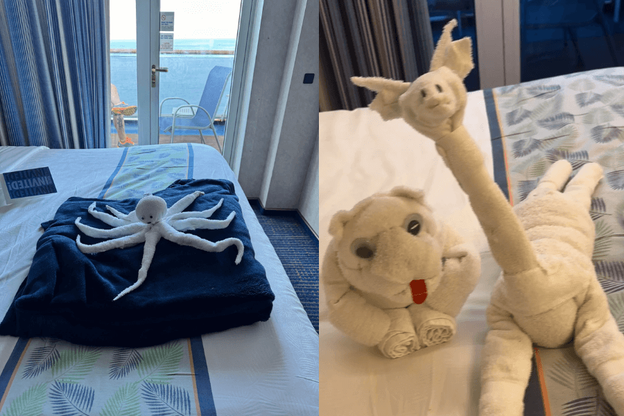 A split-image featuring towel animals on a cruise ship bed. On the left, a white towel octopus with eight neatly folded legs sits atop a dark blue blanket in a cabin with an ocean-view balcony. On the right, two towel animals—a smiling giraffe with a long neck and an elephant with a red tongue—are creatively crafted on the bed, with detailed facial features made from towels and small accessories.