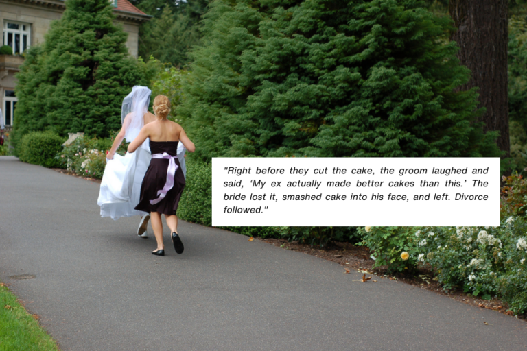 A bride in her wedding dress is seen walking or running away on a garden pathway, accompanied by another woman in a black dress with a purple sash. A caption describes a scene where the groom insulted the wedding cake by comparing it to his ex’s, leading to the bride smashing cake in his face and walking out.