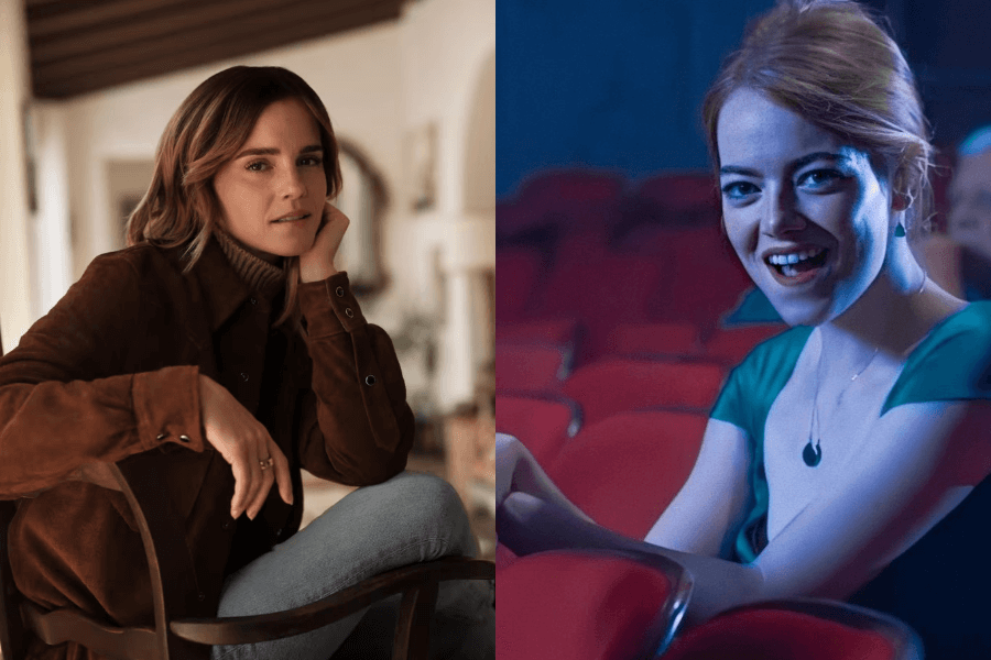 A side-by-side image featuring two women in different settings. On the left, a woman with shoulder-length brown hair wears a brown suede jacket over a turtleneck sweater, sitting in a cozy, warmly lit room with a relaxed and thoughtful expression. On the right, a woman with red hair in an elegant green dress sits in a dimly lit theater, smiling with excitement while leaning forward in her seat.