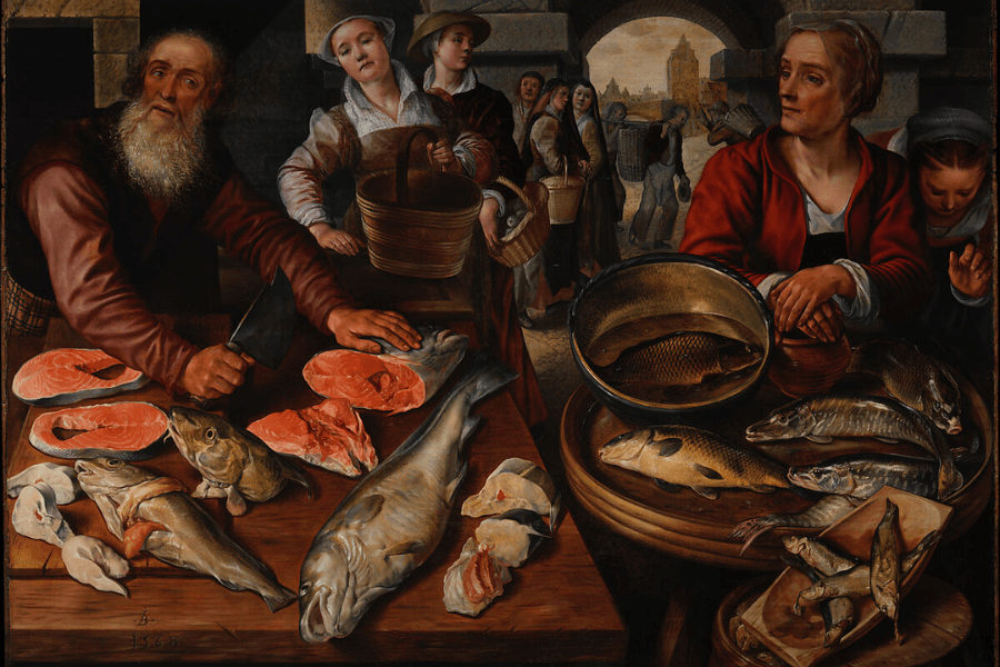 A detailed Renaissance painting of a bustling fish market scene. A bearded fishmonger, wielding a cleaver, prepares cuts of fish on a wooden table, displaying fresh seafood including whole fish, fish fillets, and shellfish. A woman in a red dress sits beside a tray of fish, while marketgoers, including women carrying baskets, fill the background, set against an arched cityscape.