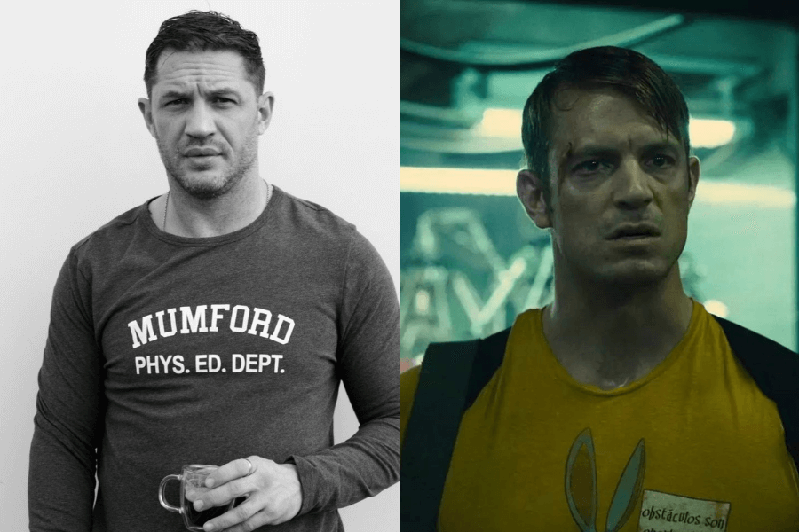 A side-by-side image of two rugged-looking men. On the left, a black-and-white photo of a man with short, slightly messy hair, wearing a long-sleeved shirt with "Mumford Phys. Ed. Dept." printed on it, holding a cup and giving a serious, contemplative look. On the right, a man with wet, disheveled hair and a cut on his face wears a yellow t-shirt with a rabbit logo and a name tag that reads "Obstáculos Son," standing in a dimly lit industrial environment with a tense expression.