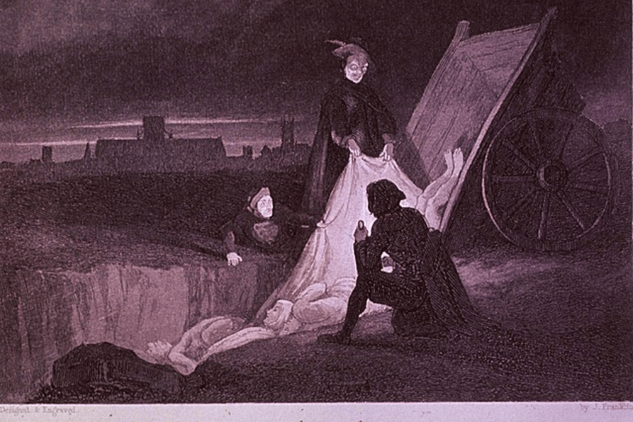 A dark and eerie historical engraving depicting a nighttime burial scene during a plague outbreak. A cart filled with bodies is being unloaded into a mass grave by figures dressed in long cloaks and hats, with one person crouching solemnly nearby. The grim setting is illuminated by a faint glow, with a silhouette of a distant city in the background, enhancing the sense of death and despair.