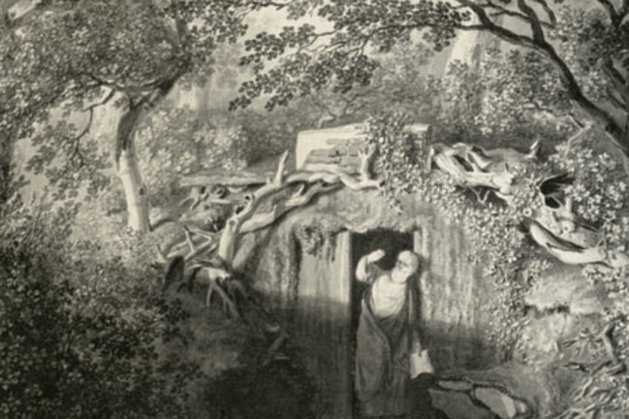 A black-and-white engraving depicting a solitary figure emerging from a dark, cave-like tomb in a dense forest. The entrance is framed by twisted tree roots and overgrown foliage, giving the scene a mystical and eerie atmosphere. The figure, dressed in robes, shields their eyes as if adjusting to the light outside, evoking themes of resurrection or solitude.