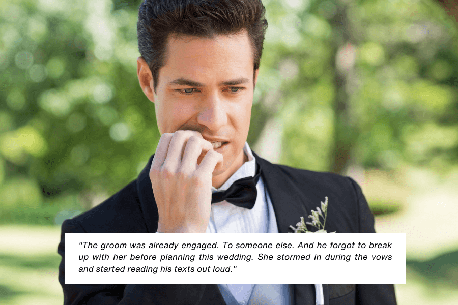 A groom in a tuxedo nervously bites his nails, standing outdoors with a blurred natural background. A caption narrates a dramatic moment where the groom’s fiancée from a previous engagement interrupted the wedding and read his text messages aloud.