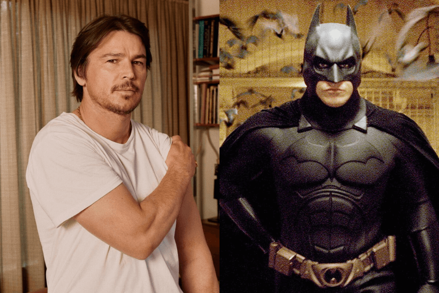 A side-by-side image featuring two different portrayals of strength. On the left, a man with shoulder-length brown hair and light stubble wears a plain white t-shirt, casually pulling up his sleeve while sitting in a warmly lit room with bookshelves in the background. On the right, a fully suited Batman in his black armored costume and cape stands in a dramatic pose, with bats flying in the background.