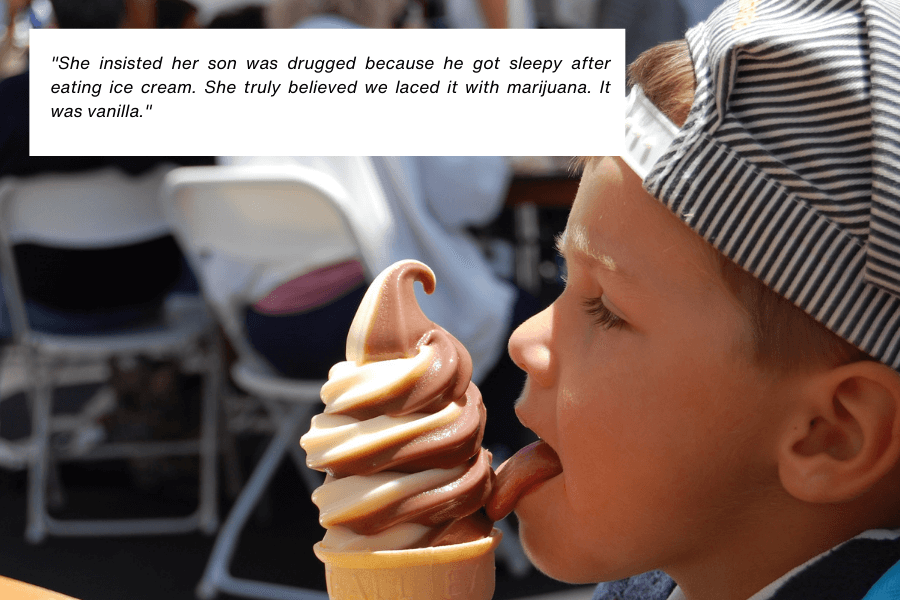 This image shows a young boy in a striped cap licking a swirl of chocolate and vanilla soft-serve ice cream in a cone. The background includes blurred seating and people outdoors, suggesting a casual event. The quote in the image reads: "She insisted her son was drugged because he got sleepy after eating ice cream. She truly believed we laced it with marijuana. It was vanilla."