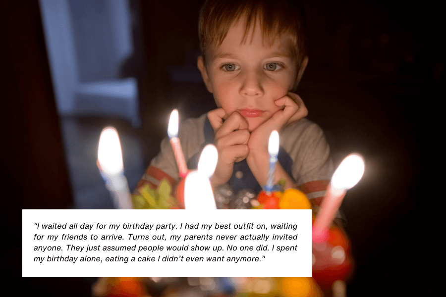 A young boy sits in a dimly lit room, gazing thoughtfully at a brightly lit birthday cake adorned with candles. His hands are resting near his face, and the atmosphere feels quiet and somber. Below the image, text reads: "I waited all day for my birthday party. I had my best outfit on, waiting for my friends to arrive. Turns out, my parents never actually invited anyone. They just assumed people would show up. No one did. I spent my birthday alone, eating a cake I didn’t even want anymore."