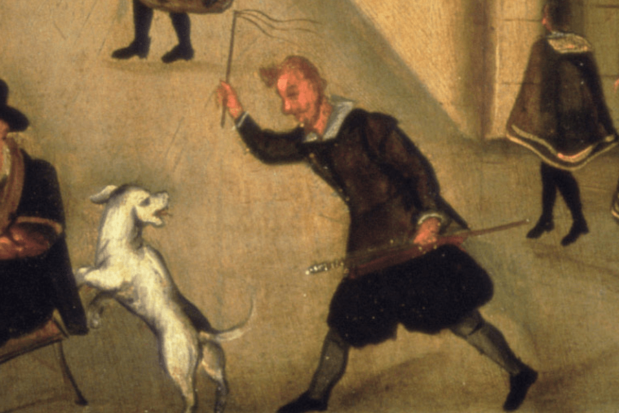 A historical painting detail showing a man in period attire, possibly from the Renaissance or Baroque era, raising a whip towards a small, energetic dog that stands on its hind legs. The man carries a sword at his waist and has a fierce expression, suggesting he is scolding or attempting to control the animal. The background features other figures dressed in cloaks, walking in what appears to be a town square or courtyard.