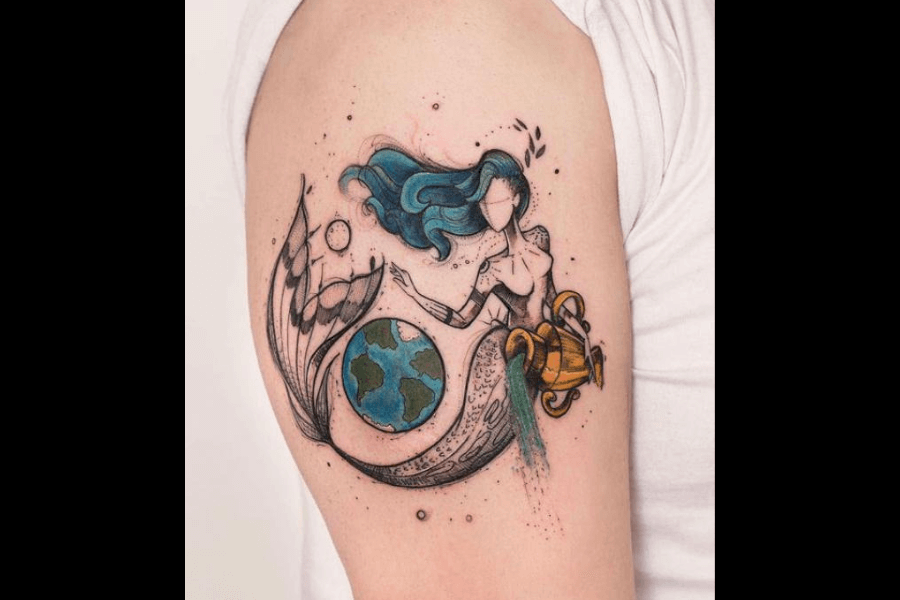 A colorful tattoo featuring an abstract mermaid with flowing blue hair. The mermaid is entwined with the Earth, pouring water from a jug, symbolizing themes of nature, water, and harmony.A colorful tattoo featuring an abstract mermaid with flowing blue hair. The mermaid is entwined with the Earth, pouring water from a jug, symbolizing themes of nature, water, and harmony.