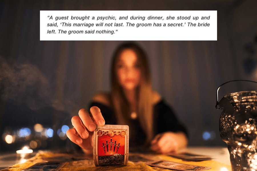 A psychic with long hair sits at a table, holding up a tarot card displaying the Ten of Swords, with candles and a mystical atmosphere in the background. A caption details an event where a psychic guest announced the marriage would not last, hinting at a secret the groom was hiding, leading the bride to leave.