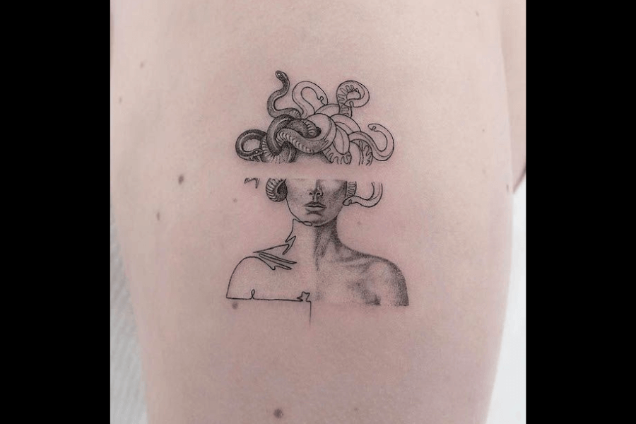 This image shows a tattoo design of a fragmented Medusa figure, with her iconic snake hair depicted in fine-line detail. The upper portion displays her serpent-entwined head, while the lower section features her shoulders and partial torso, separated by a blank gap.
