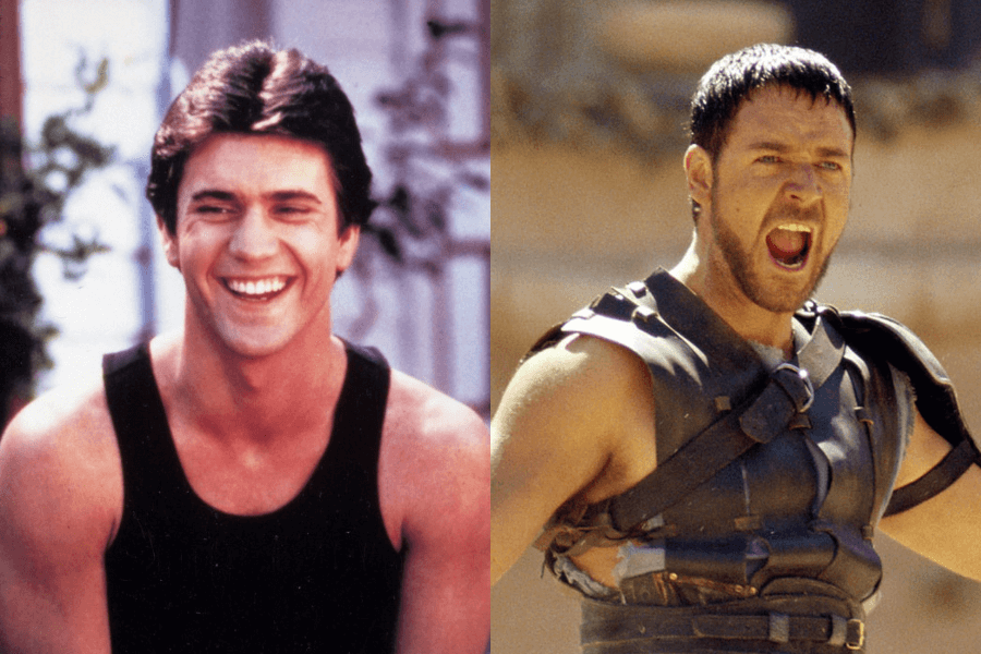 A side-by-side image featuring two contrasting roles. On the left, a young man with neatly styled dark hair, wearing a black tank top, sits outdoors laughing with a carefree expression. On the right, a battle-worn warrior in gladiator armor stands in an arena, shouting with intense emotion, his face showing the strain of combat.