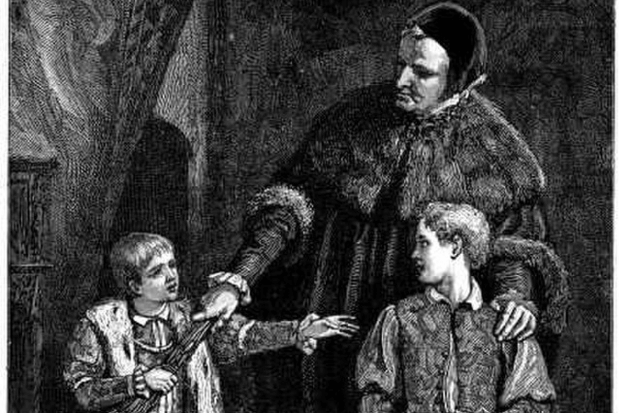 A black-and-white engraving depicting a stern-looking woman in a fur-trimmed cloak and bonnet holding onto two young boys. One boy, dressed in an ornate outfit, gestures urgently while holding a small sword, while the other boy looks back at him with concern. The scene suggests a moment of tension, possibly from a historical or literary narrative.