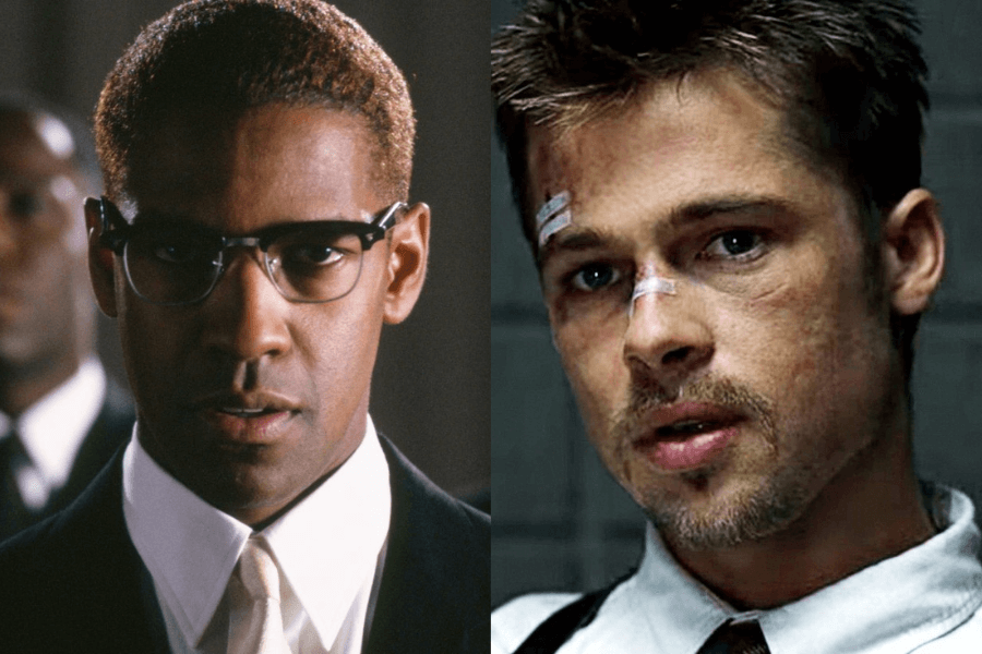A side-by-side image of two well-known actors in iconic movie roles. On the left, a man with short, neatly styled hair, wearing black-rimmed glasses, a black suit, and a white tie, staring intently. On the right, a rugged-looking man with short, messy hair, facial bruises, and bandages on his forehead and nose, wearing a white shirt, black suspenders, and a loose tie, with a tense expression.