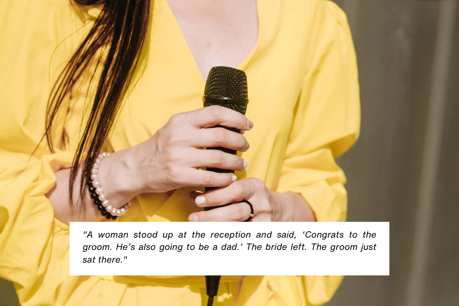  A woman in a yellow dress holds a microphone, her hands adorned with bracelets and a ring. A caption narrates a dramatic moment during a wedding reception where a guest announced the groom’s impending fatherhood, leading to the bride leaving while the groom remained silent.