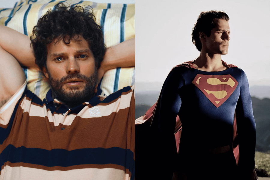 A side-by-side image featuring two contrasting portrayals of masculinity. On the left, a man with curly hair and a beard reclines on a striped pillow, wearing a brown and beige striped polo shirt, gazing thoughtfully into the camera. On the right, a heroic figure in a blue Superman suit with a red cape and the iconic "S" emblem stands against a sunlit landscape, looking off into the distance with a determined expression.