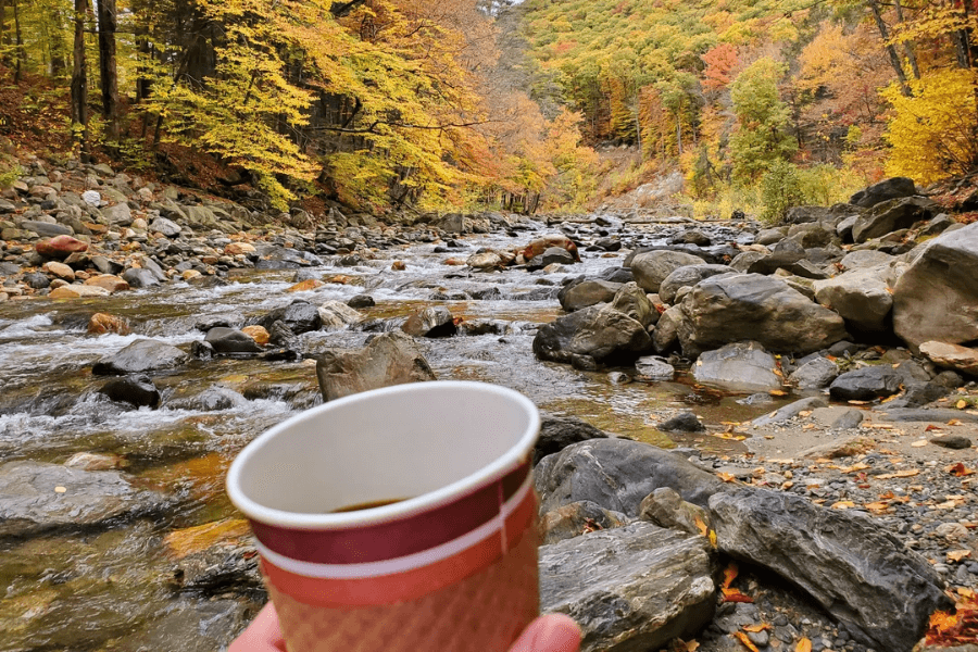A person holds a cup of coffee in the foreground, overlooking a gently flowing rocky river surrounded by vibrant autumn foliage. The trees along the riverbank display shades of gold, orange, and red, reflecting the beauty of fall. The peaceful setting creates a cozy and serene moment in nature.