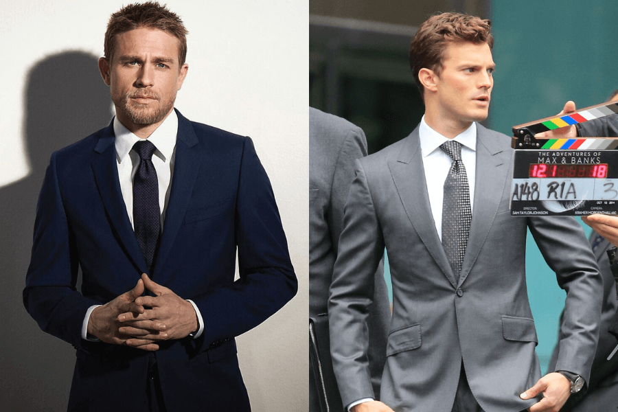 A side-by-side image of two well-dressed men in suits. On the left, a man with short, light brown hair and a trimmed beard wears a navy blue suit with a dark tie, standing against a plain wall with his hands clasped, giving a serious and intense gaze. On the right, a clean-shaven man with slicked-back hair wears a gray suit and tie, appearing to be on a film set with a clapperboard visible in the foreground.