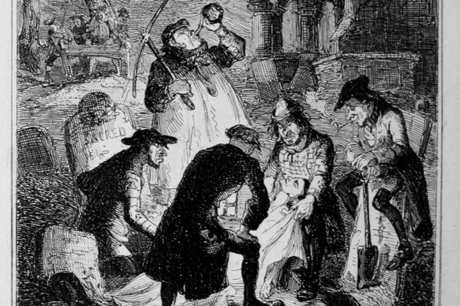 A black-and-white engraving depicting a group of grave robbers, also known as "resurrectionists," in a dark cemetery at night. They are in the process of exhuming a body, with one man pulling back a burial shroud while another holds a lantern. One figure leans on a shovel, grinning, while another in the background lifts a skull, adding to the eerie and macabre atmosphere. The surrounding gravestones and gothic architecture enhance the sinister mood.