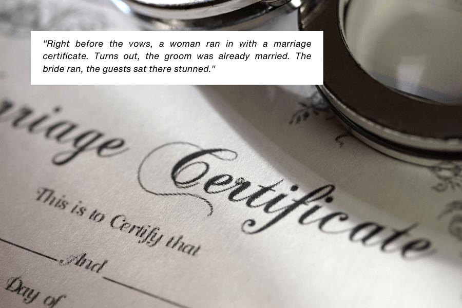 A close-up of a marriage certificate with metallic handcuffs placed on top, symbolizing legal or dramatic implications. A caption describes a shocking wedding interruption where a woman revealed the groom was already married, causing the bride to run and leaving guests stunned.