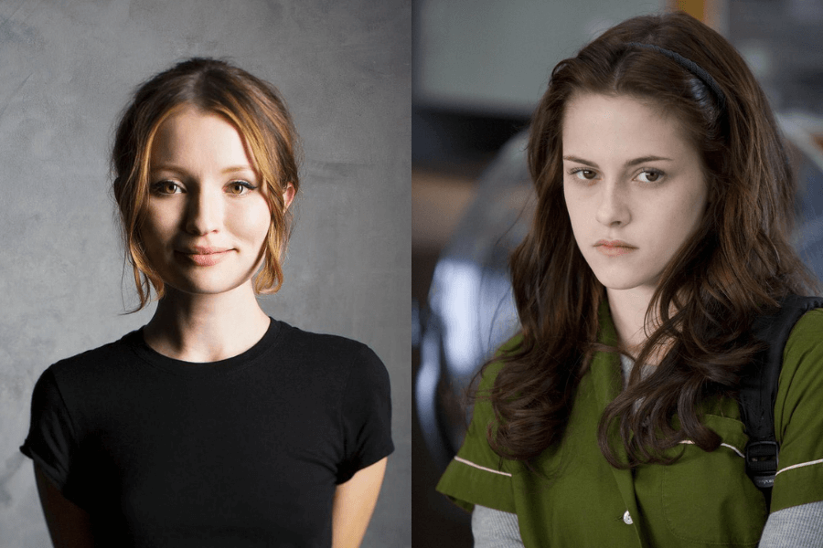 A side-by-side image featuring two young actresses. On the left, a woman with light brown hair in a loose updo wears a simple black t-shirt and smiles softly against a neutral gray background. On the right, a young woman with long, dark brown hair, wearing a green button-up shirt over a gray long-sleeve top, looks serious and slightly brooding in a school setting.