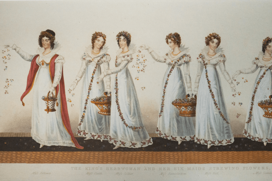 A historical illustration depicting "The King's Herbwoman and Her Six Maids Strewing Flowers." The women, dressed in elegant white Regency-era gowns adorned with floral patterns, walk in a line, gracefully scattering petals from baskets. The lead woman, draped in a red sash, holds a decorative pot, while the others wear flower crowns, symbolizing a ceremonial or royal procession.