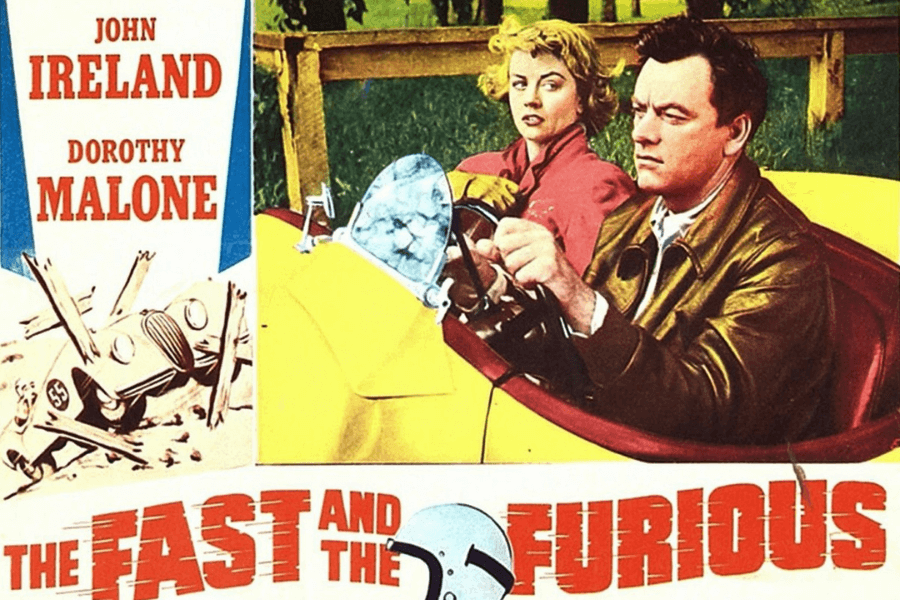 A vintage movie poster for The Fast and the Furious features a man in a brown leather jacket gripping the steering wheel of a yellow convertible, with a blonde woman in a red coat sitting beside him. The bold red title text stands out at the bottom, with illustrated action scenes, including a car crash, on the left side. The retro design and dramatic expressions capture the thrilling and adventurous tone of the classic film.