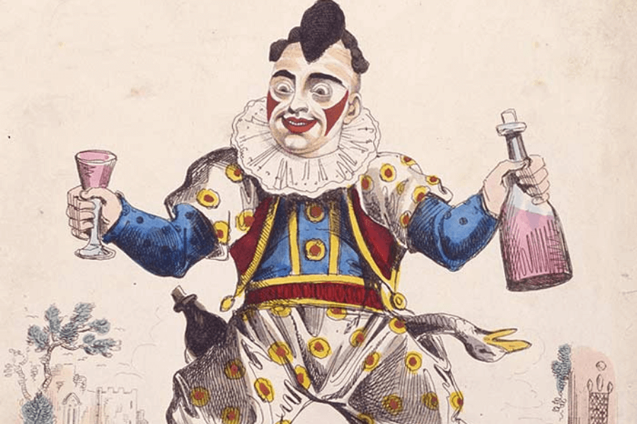 A vintage illustration of a theatrical clown dressed in an extravagant polka-dotted costume with puffed sleeves, a frilled collar, and a mischievous grin. The clown, with exaggerated facial makeup, holds a bottle of wine in one hand and a glass filled with liquid in the other, striking a celebratory or drunken pose. The background features a whimsical landscape with a small castle and trees.