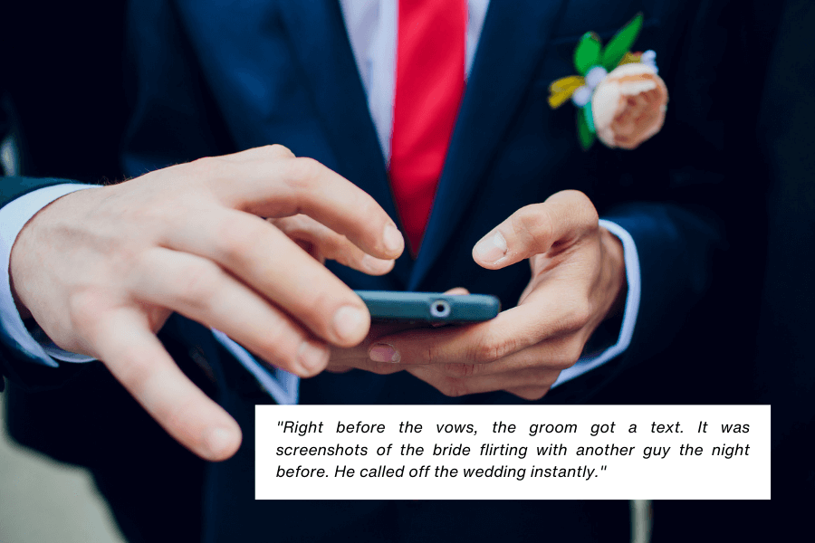  A close-up of a groom in a suit with a boutonniere holding a smartphone, with another hand pointing to the screen. A caption describes a dramatic moment where the groom received screenshots of the bride flirting with someone else the night before, leading him to call off the wedding.