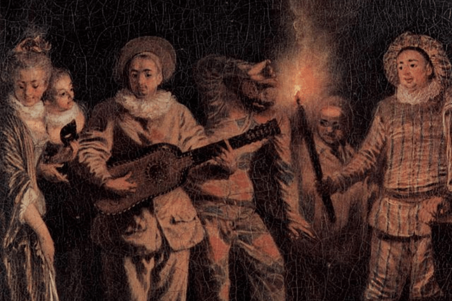 A classical painting depicting a lively nighttime scene with costumed performers and elegantly dressed figures. A musician in a pale outfit and ruffled collar plays a stringed instrument, while another performer in a harlequin-style costume shields his face from the glow of a burning torch held by a masked figure. To the left, a finely dressed woman holding a child watches the performance with intrigue. The dark, textured background enhances the warm, dramatic lighting of the scene.